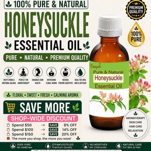 Könnte beinhalten: Eine braune Glasflasche mit ätherischem Geißblattöl, mit weißem Verschluss und grünem Etikett. Auf dem Etikett steht "Pure & Natural Honeysuckle Essential Oil". Das Bild enthält Text zu Aromatherapie, Hautpflege, Haarpflege und Entspannung.