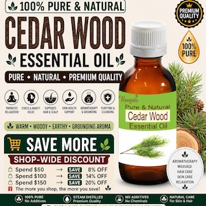 Op de afbeelding: Een bruine glazen flesje cederhout etherische olie met een witte dop en een groen etiket. Op het etiket staat "Pure & Natural Cedar Wood Essential Oil". De afbeelding bevat tekst over aromatherapie en huidverzorging.