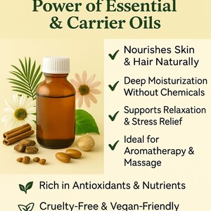 May include: A brown glass bottle of essential oil with a white lid. The bottle is surrounded by cinnamon sticks, nuts, and flowers. The text on the image reads "Bangota pure & natural oils" and "Discover the Natural Power of Essential & Carrier Oils". The image also includes a list of benefits of using essential oils, including "Nourishes Skin & Hair Naturally", "Deep Moisturization Without Chemicals", "Supports Relaxation & Stress Relief", "Ideal for Aromatherapy & Massage", "Rich in Antioxidants & Nutrients", and "Cruelty-Free & Vegan-Friendly". The text at the bottom of the image reads "Experience nature's essence in every drop with Bangota".