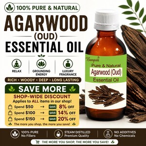 May include: A brown glass bottle of Agarwood (Oud) Essential Oil with a white cap and a green label. The label reads "Pure & Natural Agarwood (Oud) Essential Oil." The image also includes text that says "100% Pure & Natural."