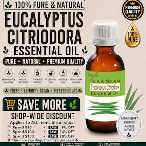 May include: A brown glass bottle of Eucalyptus Citriodora essential oil with a white cap and a green label featuring leaf illustrations. The label text reads Pure & Natural Eucalyptus Citriodora Essential Oil. The background displays product information.