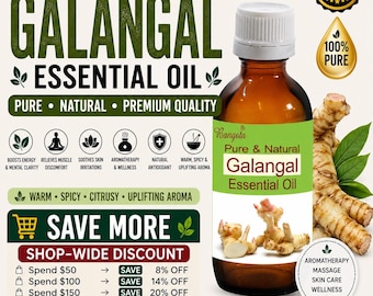 Könnte beinhalten: Eine braune Glasflasche mit Galgant-Ätherischem Öl und einem weißen Verschluss. Das Etikett lautet "Pure & Natural Galangal Essential Oil". Das Bild enthält Text über Aromatherapie, Hautpflege und Wellness. Das Bild enthält auch Text über einen geschäftsweiten Rabatt.