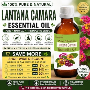 May include: A brown glass bottle of Lantana Camara essential oil with a white cap and a green label. The label includes the text "Pure & Natural" and a floral illustration. The image also contains text about the product's benefits and a shop-wide discount.