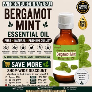May include: A brown glass bottle of Bangota Bergamot Mint essential oil with a white cap and a green label featuring mint leaves. The text includes 100% Pure & Natural, Bergamot Mint Essential Oil, and details about aromatherapy, wellness, and massage.