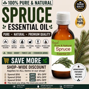 Puede incluir: Una botella de vidrio marrón de aceite esencial de abeto Bangola con tapa blanca. La etiqueta tiene detalles verdes, un gráfico de rama de abeto y texto que incluye 100% Pure & Natural, aromaterapia, masaje, bienestar y uso en difusor.