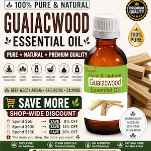 Könnte beinhalten: Eine braune Glasflasche mit "Pure & Natural Guaiacwood Essential Oil" mit weißem Verschluss und grünem Etikett. Das Etikett enthält Text und eine Illustration von Holzstücken. Das Bild enthält auch Text über Aromatherapie, Hautpflege und Entspannung.