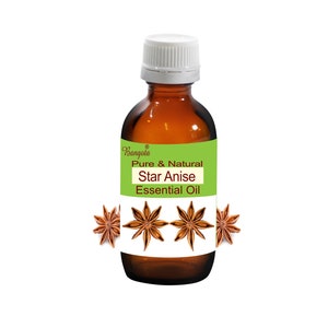 May include: A brown glass bottle with a white cap, labeled "Pure & Natural Star Anise Essential Oil" with a green background. Three star anise pods are shown below the label.