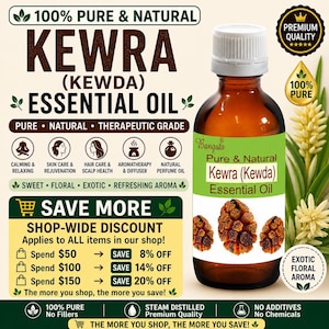 Könnte beinhalten: Eine braune Glasflasche mit Kewra (Kewda) ätherischem Öl, mit weißem Deckel und grünem Etikett. Das Etikett lautet "Pure & Natural" und "Essential Oil". Das Bild enthält Text über die Vorteile des Produkts und einen shopweiten Rabatt.