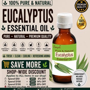 May include: A brown glass bottle of Bangota eucalyptus essential oil with a white cap and a green label featuring eucalyptus leaves. The text includes 100% Pure & Natural, Premium Quality, and various usage icons for aromatherapy and massage.