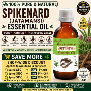 Könnte beinhalten: Eine braune Glasflasche mit ätherischem Spikenard (Jatamansi)-Öl, mit weißem Verschluss und grünem Etikett. Das Etikett lautet "Pure & Natural". Das Bild enthält Text über die Vorteile des Produkts und einen geschäftsweiten Rabatt.