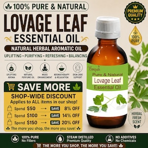 May include: A brown glass bottle of Bangota Lovage Leaf Essential Oil with a white cap and a label featuring green text and a green leaf illustration. The label reads Pure & Natural Lovage Leaf Essential Oil. The background includes text about purity.