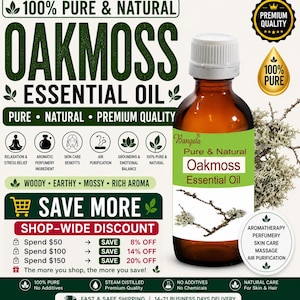 Peut inclure: Une bouteille en verre marron d'huile essentielle de mousse de chêne avec un bouchon blanc et une étiquette verte. L'étiquette indique "Pure & Natural Oakmoss Essential Oil". L'image comprend du texte sur l'aromathérapie, les soins de la peau et la purification de l'air.