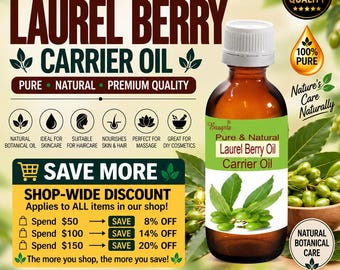 Könnte beinhalten: Eine braune Glasflasche mit Bangota Lorbeerbeeren-Trägeröl, weißem Verschluss und einem Etikett mit grünen Blättern und Beeren. Der Text auf dem Etikett lautet Pure & Natural Laurel Berry Oil Carrier Oil.