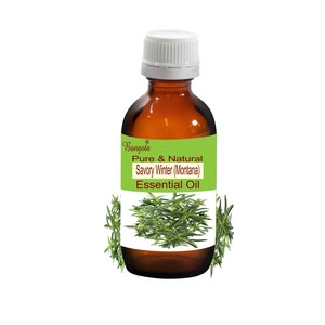 May include: A brown glass bottle with a white cap, labeled "Bangoia Pure & Natural Savory Winter (Montana) Essential Oil". The bottle is surrounded by green leafy sprigs.