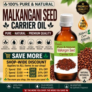 Puede incluir: Una botella de vidrio marrón de aceite portador de semillas de Malkangani con tapa blanca y etiqueta verde y blanca que muestra semillas marrones. El texto de la etiqueta dice Pure & Natural Malkangani Seed Carrier Oil. Fondo con texto.