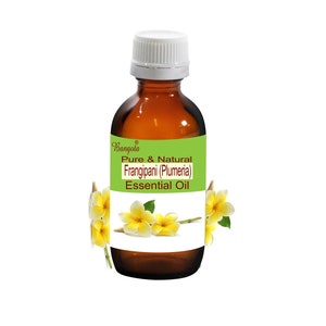 May include: A brown glass bottle with a white cap, labeled "Bangoia Pure & Natural Frangipani (Plumeria) Essential Oil". The label features a yellow frangipani flower.