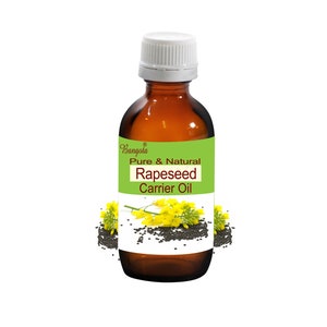 May include: A brown glass bottle with a white cap, labeled "Bangoto Pure & Natural Rapeseed Carrier Oil". The bottle is surrounded by yellow rapeseed flowers and black seeds.