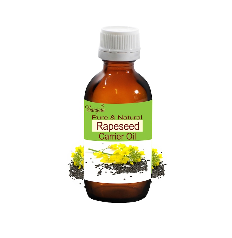 May include: A brown glass bottle with a white cap, labeled "Bangoto Pure & Natural Rapeseed Carrier Oil". The bottle is surrounded by yellow rapeseed flowers and black seeds.