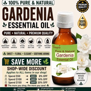 May include: A brown glass bottle of Gardenia Essential Oil with a white cap and a green label. The label reads "Pure & Natural Gardenia Essential Oil." The image includes white gardenia flowers and text promoting aromatherapy and relaxation.