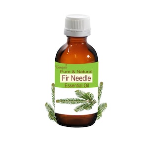 May include: A brown glass bottle with a white cap, labeled "Bangoia Pure & Natural Fir Needle Essential Oil". The bottle is surrounded by green fir needles.