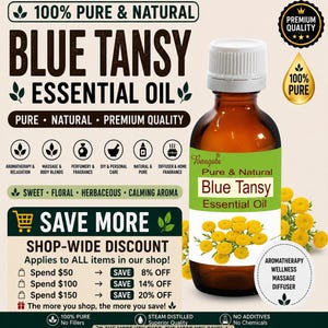 May include: A brown glass bottle of Bangola Blue Tansy essential oil with a white cap. The label features yellow tansy flowers, the text 'Blue Tansy Essential Oil', and icons for aromatherapy, massage, and diffusers. The background includes text about purity, natural quality, and shop-wide discount offers.