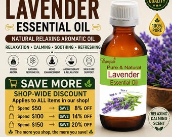 May include: A brown glass bottle of Bangota lavender essential oil with a white cap and a green label featuring a lavender sprig illustration. The text includes 100% PURE & NATURAL LAVENDER ESSENTIAL OIL, NATURAL RELAXING AROMATIC OIL, and discount details.