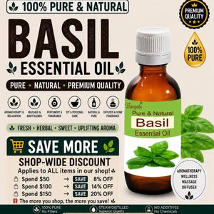 May include: A brown glass bottle of Bangota brand basil essential oil with a white cap and a green and white label featuring a basil leaf graphic. The label text reads Pure & Natural Basil Essential Oil. The background displays product information.