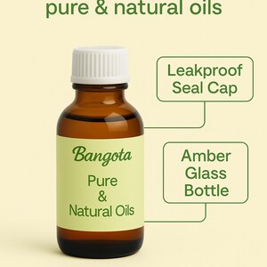 Op de afbeelding: Een bruine glazen fles met een witte dop, met het label "Bangota Pure & Natural Oils". De fles is omgeven door tekst die "Lekvrij dop" en "Amber glazen fles" zegt.