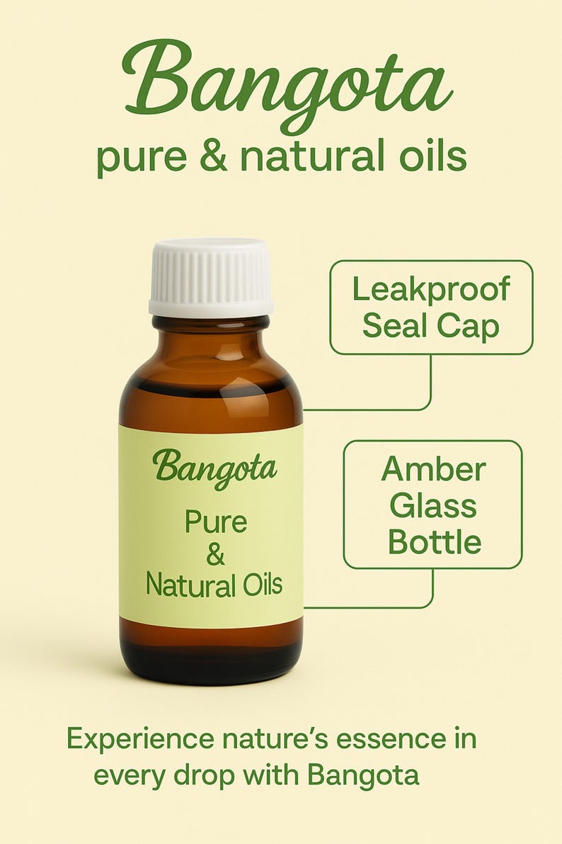Op de afbeelding: Een bruine glazen fles met een witte dop, met het label "Bangota Pure & Natural Oils". De fles is omgeven door tekst die "Lekvrij dop" en "Amber glazen fles" zegt.