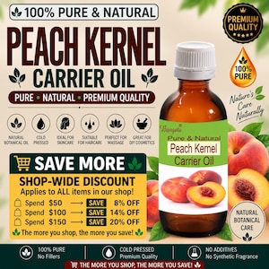 May include: A brown glass bottle of Peach Kernel Carrier Oil with a white cap and a label featuring images of peaches. The label text reads Pure & Natural Peach Kernel Carrier Oil. The background includes text about 100% pure and natural quality.