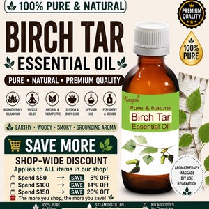 Op de afbeelding: Een bruine glazen fles Birch Tar Essential Oil met een witte dop en groen etiket. Op het etiket staat "Pure & Natural Birch Tar Essential Oil". De afbeelding bevat tekst over aromatherapie, spierontspanning en huidverzorging.
