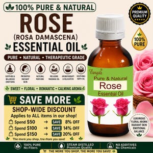 Puede incluir: Una botella de vidrio marrón de aceite esencial de rosa con tapa blanca, etiqueta verde y rosas rosas. La etiqueta dice "Pure & Natural Rose Essential Oil". El texto en la imagen dice "100% Pure & Natural" y "Therapeutic Grade".