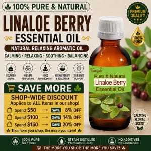 May include: A brown glass bottle of Bangota Linaloe Berry essential oil with a white cap. The label features green accents, text reading Pure & Natural Linaloe Berry Essential Oil, and an image of green leaves and small dark berries on a branch.