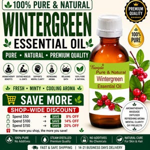 Aceite esencial de gaulteria puro y natural (Gaultheria procumbens) para aromaterapia, masaje y difusor. Cuidado del bienestar.