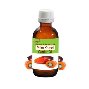 May include: A brown glass bottle with a white cap, labeled "Pure & Natural Palm Kernel Carrier Oil" with a green background. The bottle is surrounded by red palm fruit.