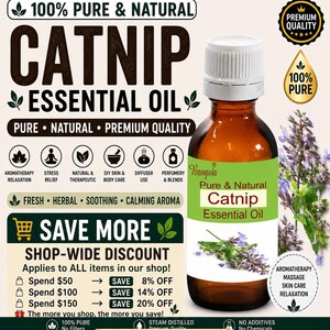 Könnte beinhalten: Eine braune Glasflasche mit "Catnip Essential Oil" mit weißem Verschluss und grünem Etikett. Das Etikett zeigt den Text "Pure & Natural Catnip Essential Oil" und eine Abbildung von Katzenminze. Das Bild enthält Text über Aromatherapie und Rabatte.