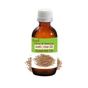 May include: A brown glass bottle with a white cap, labeled "Bangoia Pure & Natural Anethi (Indian Dill) Essential Oil". The bottle is surrounded by brown dill seeds.