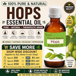 May include: A brown glass bottle of "Hops Essential Oil" with a green and white label. The label states "Pure & Natural" and "Therapeutic Grade." The image includes text about the product's benefits and a "Premium Quality" seal.