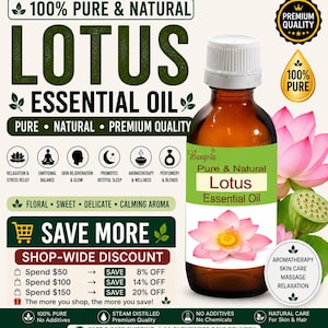 May include: A brown glass bottle of Lotus Essential Oil with a white cap and a green label. The label features a pink lotus flower illustration. Text on the label reads "Pure & Natural Lotus Essential Oil". The image also includes text about aromatherapy and skin care.
