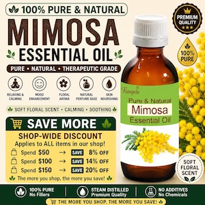 Puede incluir: Una botella de vidrio marrón de Aceite Esencial de Mimosa con tapa blanca y etiqueta verde. La etiqueta presenta el texto "Pure & Natural Mimosa Essential Oil" y una ilustración de flor de mimosa amarilla. La imagen también incluye texto sobre los beneficios del producto.