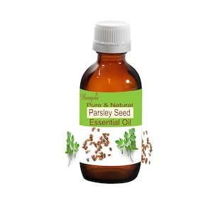 Könnte beinhalten: Eine braune Glasflasche mit weißem Verschluss, beschriftet mit "Bangola Pure & Natural Parsley Seed Essential Oil". Die Flasche ist von Petersilienzweigen und -samen umgeben.