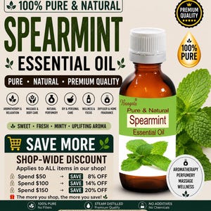 Può includere: Una bottiglia in vetro marrone di olio essenziale di menta piperita del marchio Bangola con tappo bianco. L'etichetta presenta testo verde, una grafica di foglia di menta e le parole Pure & Natural. Lo sfondo mostra testo su qualità e sconti.