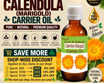 May include: A brown glass bottle of Calendula Marigold carrier oil with a white cap. The label features the text Pure & Natural Calendula Marigold Carrier Oil and images of two orange marigold flowers. The bottle is surrounded by text.