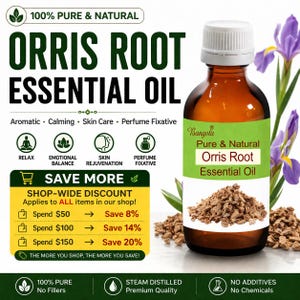 May include: A brown glass bottle of Orris Root Essential Oil with a white cap and green label. The label reads "Pure & Natural Orris Root Essential Oil." The image includes text about the product's benefits and a shop-wide discount.