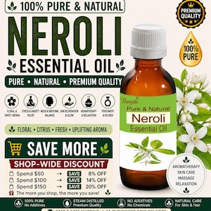 Könnte beinhalten: Eine braune Glasflasche mit Neroli-Ätherischem Öl und einem weißen Verschluss, mit einem Etikett mit dem Produktnamen und floralen Illustrationen. Das Etikett enthält auch Text über die Vorteile und die Reinheit des Öls.