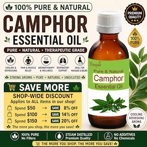 Puede incluir: Una botella de vidrio marrón de aceite esencial de alcanfor con una tapa blanca y una etiqueta verde. La etiqueta dice "Pure & Natural Camphor Essential Oil". El texto en la imagen incluye "100% Pure & Natural" y "Cooling & Refreshing Aroma".