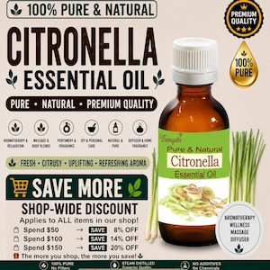 Op de afbeelding: Een bruine glazen fles met Bangota Citronella etherische olie, een witte dop en een groen etiket met gesneden citroengrasstengels. De achtergrond bevat tekst zoals 100% Pure & Natural, kortingsniveaus en iconen voor aromatherapie, massage en huisgeur.