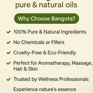 Op de afbeelding: Groene en witte grafiek met de tekst "Bangota pure & natuurlijke oli&euml;n" en de vraag "Waarom Bangota kiezen?" Een lijst met vijf vinkjes met tekst die de voordelen beschrijft van het gebruik van Bangota-oli&euml;n: 100% pure & natuurlijke ingredi&euml;nten, Geen chemicali&euml;n of vulstoffen, Dierproefvrij & milieuvriendelijk, Perfect voor aromatherapie, massage, haar & huid, Vertrouwd door wellnessprofessionals. De tekst "Ervaar de essentie van de natuur in elke druppel Bangota" staat onderaan de grafiek.