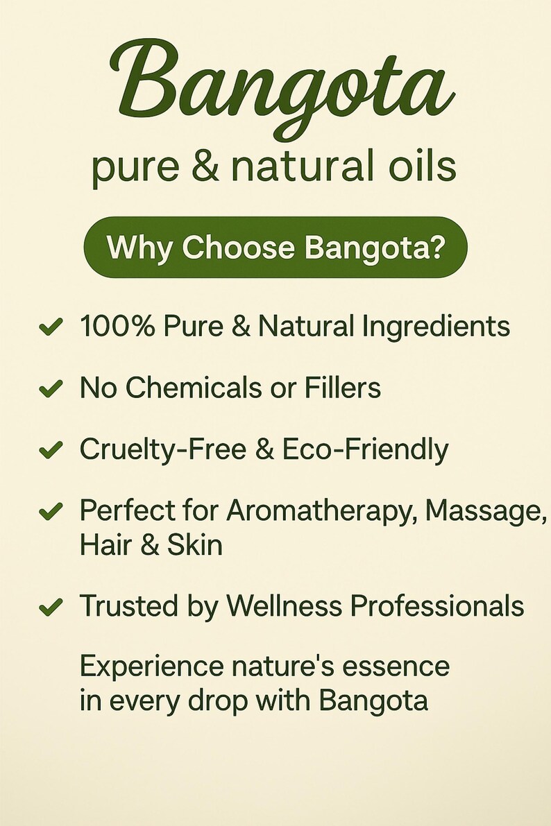 Op de afbeelding: Groene en witte grafiek met de tekst "Bangota pure & natuurlijke oli&euml;n" en de vraag "Waarom Bangota kiezen?" Een lijst met vijf vinkjes met tekst die de voordelen beschrijft van het gebruik van Bangota-oli&euml;n: 100% pure & natuurlijke ingredi&euml;nten, Geen chemicali&euml;n of vulstoffen, Dierproefvrij & milieuvriendelijk, Perfect voor aromatherapie, massage, haar & huid, Vertrouwd door wellnessprofessionals. De tekst "Ervaar de essentie van de natuur in elke druppel Bangota" staat onderaan de grafiek.