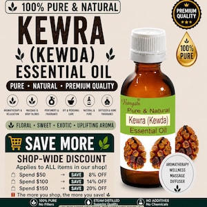 Könnte beinhalten: Eine braune Glasflasche mit ätherischem Kewra (Kewda)-Öl, weißem Verschluss und grünem Etikett mit Abbildungen von Pandanusfrüchten. Das Etikett enthält den Text "Pure & Natural", "Kewra (Kewda)" und "Essential Oil" sowie Symbole für Aromatherapie.